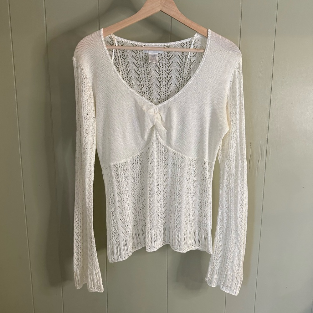 Women’s Y2K Ivory Chevron Crochet Knit Top with Twist Front